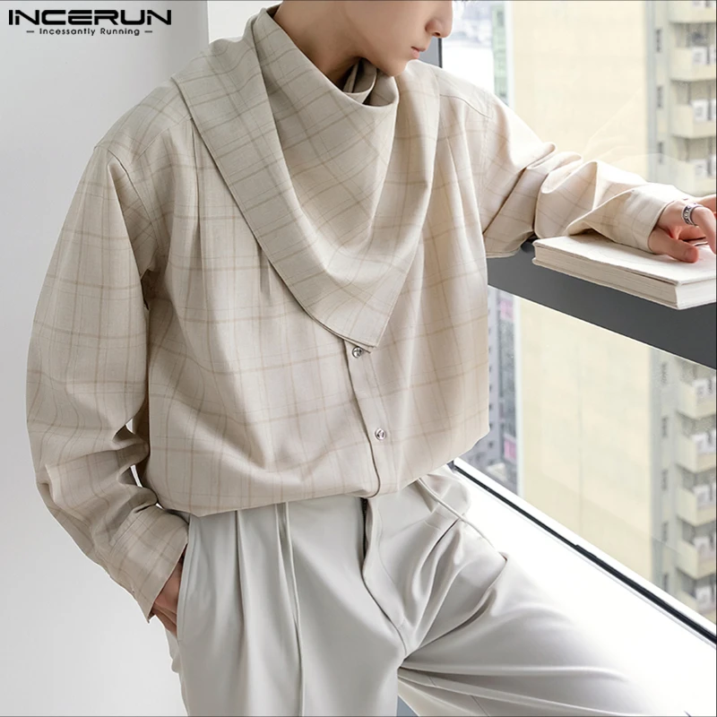 INCERUN الرجال منقوشة قميص وشاح كم طويل فضفاض ملابس الرجال غير رسمية الشارع الشهير الكورية نمط موضة غير النظامية قمصان الرجال بلايز