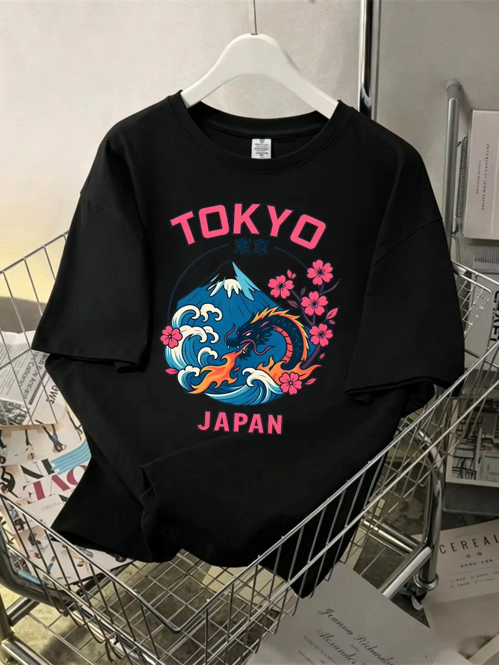 Unisex Tokyo Japan Dragon Cherry Blossom Graphic T‑Shirt Short Sleeve Crew Neck Loose Japanese Casual Tops for Men Women