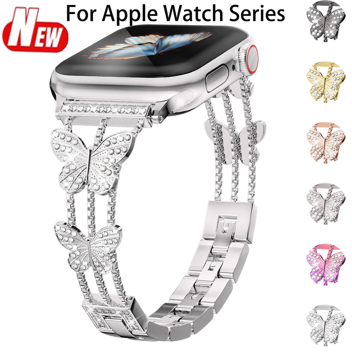

Women Butterfly Strap for Apple Watch Ultra 3/2 49mm 46 45 40 38mm Shiny Diamond Metal Band for Iwatch S11 10 9 8 7 SE3 Bracelet