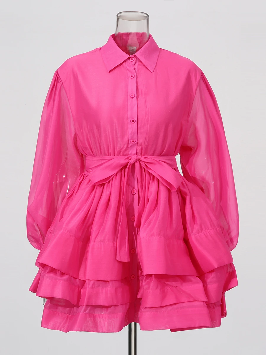 CHICEVER Slimmming Fashion Spliced Single Breasted Dresses for Women Lapel Long Sleeve Patchwork Ruffles Fold Dress Female Style