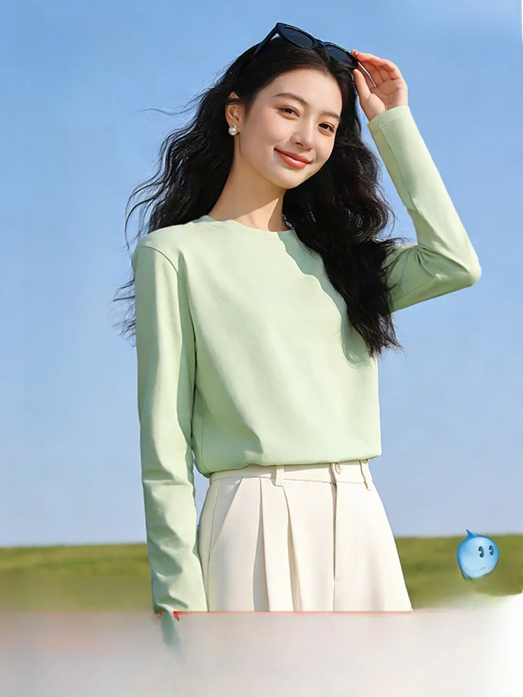 

Женская футболка Snow Mid-Fly из чистого хлопка с длинным рукавом, весна 2026, с круглым вырезом, повседневная базовая модель, удобный топ для студентов