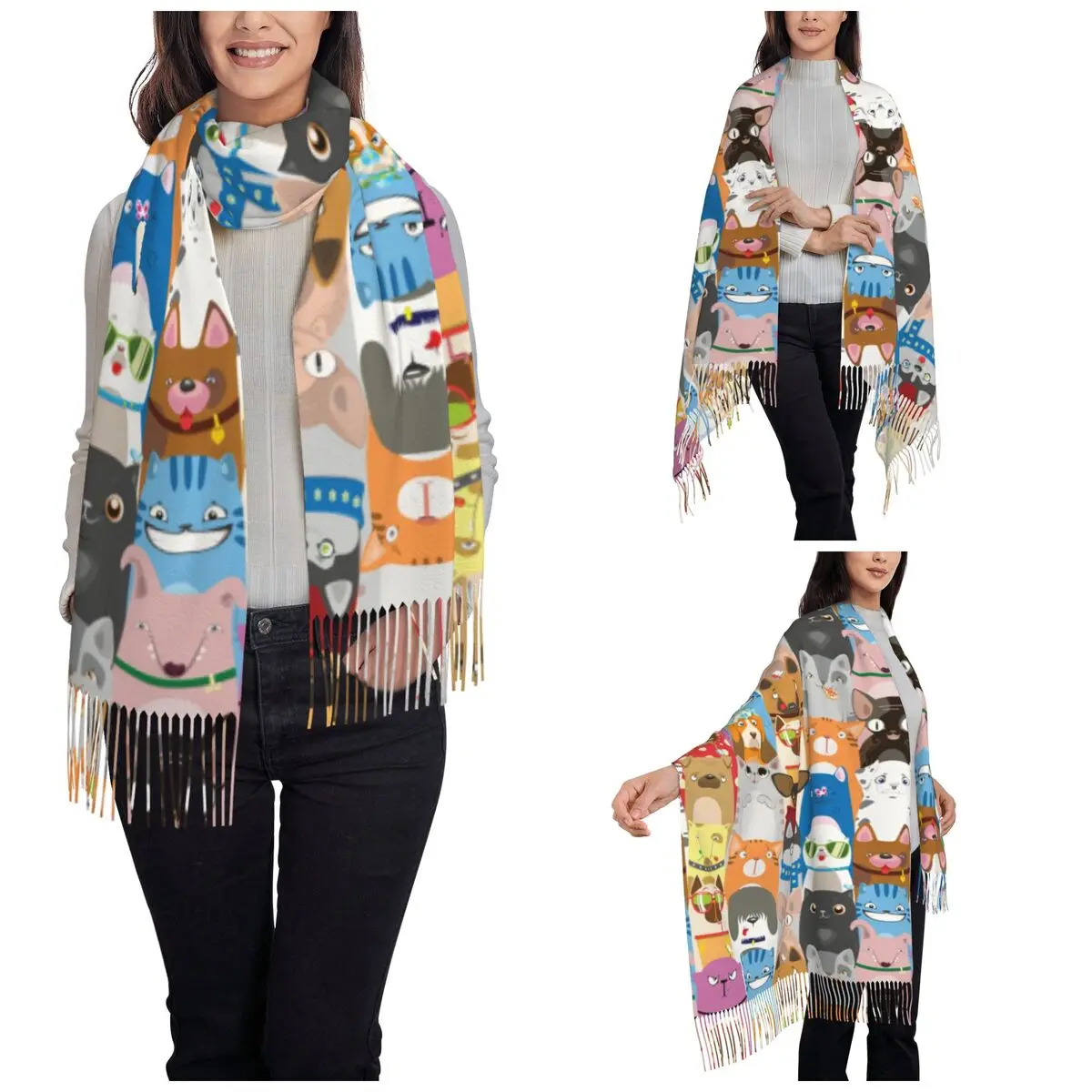 Funny Cats And Dogs Shawl Wrap for Ladies Warm Long Soft Scarf Puppy Kitten Pet Lover Pashminas Shawl Scarves