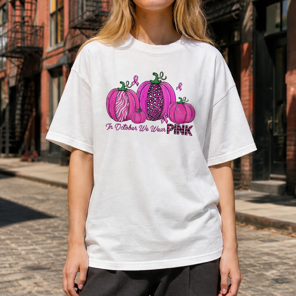 In October We Wear Pink Fall Leopard Pumpkin Motif Ladies Autumn T‑Shirt Seasonal Spooky Breast Cancer Awareness Present Tops