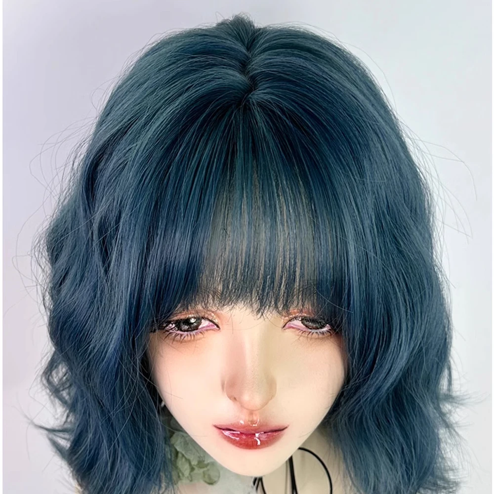 Synthetic Short Wavy Blue Wigs with Bangs Natural Fluffy Women Lolita Cosplay Hair Wig for Daily Party