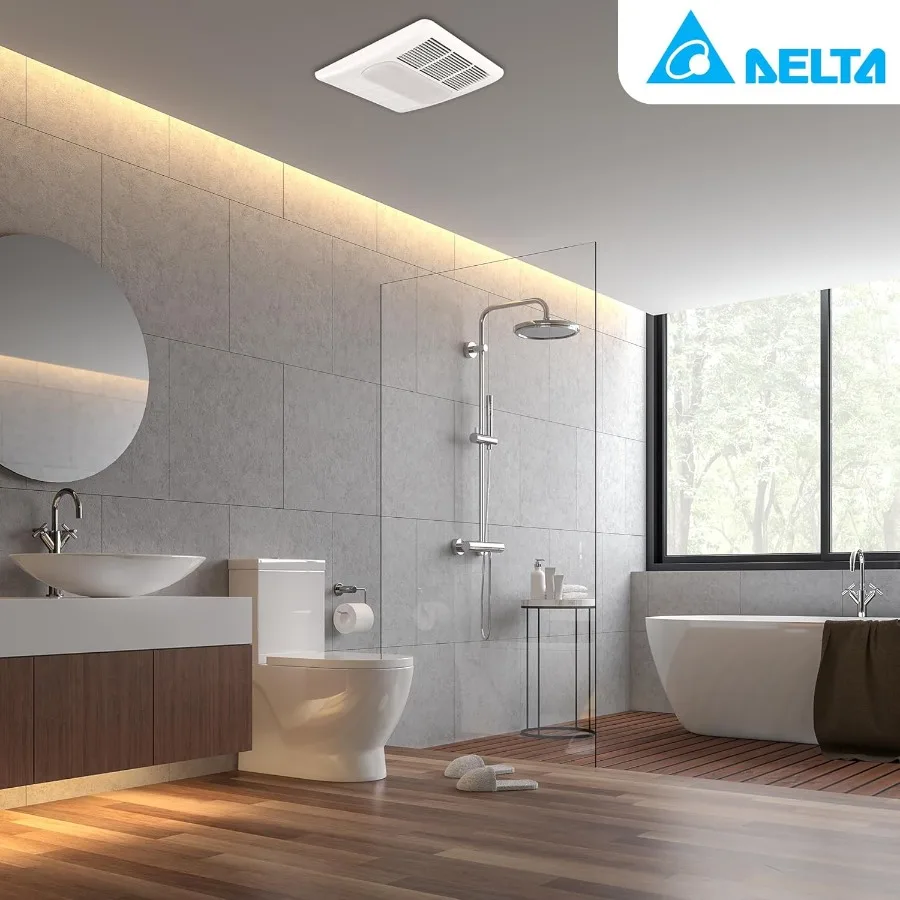 Ventilatore di scarico per bagno Delta con termostato riscaldatore leggero per bagni moderni 80 CFM Bianco Ventilazione ad alta efficienza energetica con costruzione