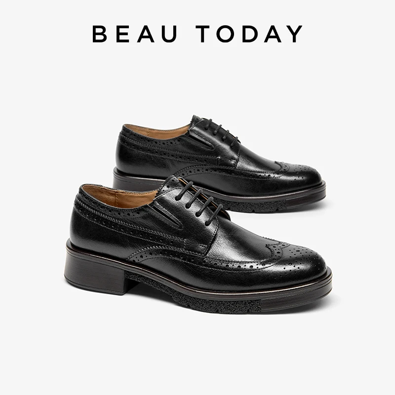 BEAUTODAY Derby Shoes Women Calfskin Leather Lace-Up Round Toe Brogue Style Solid Color Ladies Shoes Handmade 21674