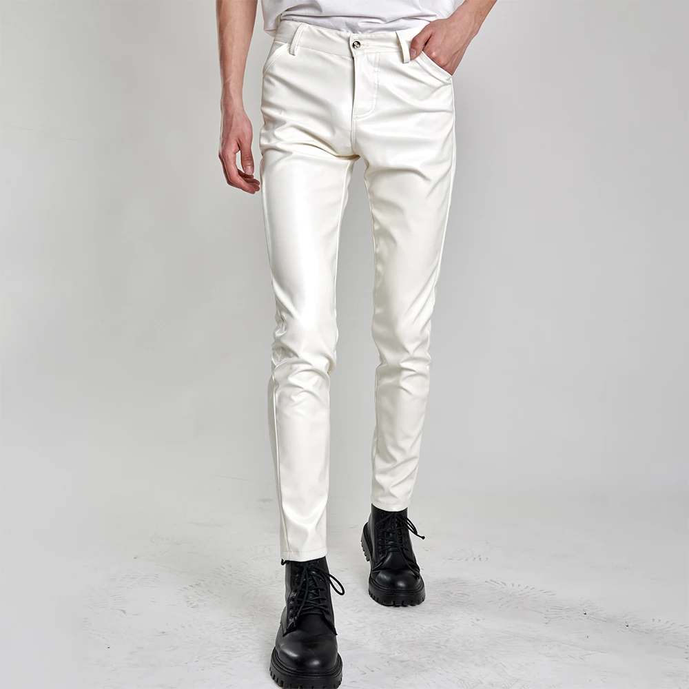 Herren-Lederhose, schmale Passform, Stretch, modische PU-Lederhose, Nachtclub, Party- und Tanzhose, dünn – Detail 9