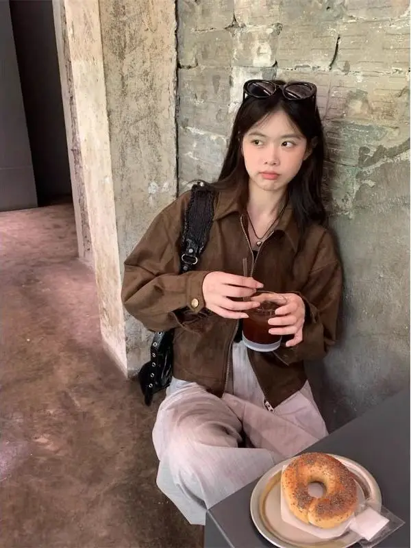 Cool ort Wildleder Jaet Damen Herbst Winter American Sle Retro Lazy Chic Leder Jaet Mantel für Damen Reißverschluss