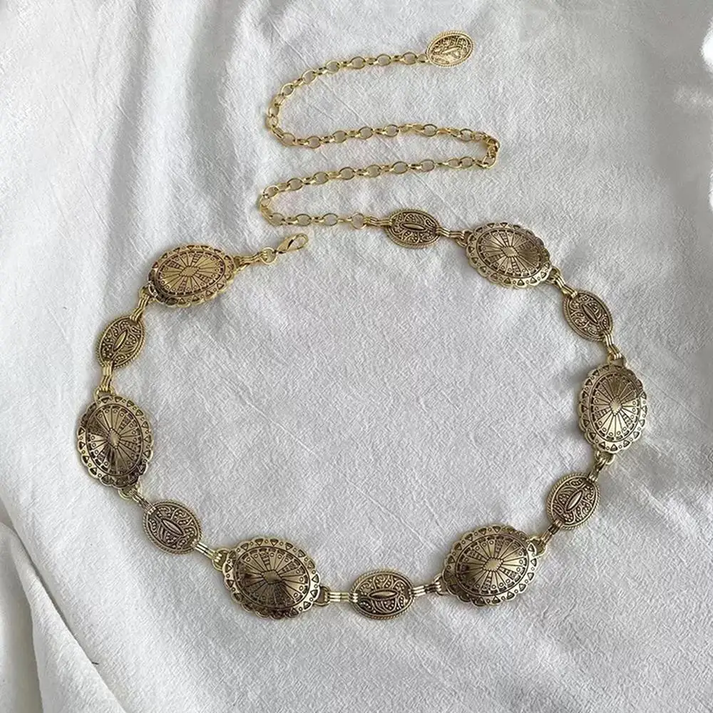 هندسية دائرة الخصر ختم الزخرفية رقيقة حزام قابل للتعديل الجسم مجوهرات الذهب والفضة محفورة الرجعية نمط حزام على شكل سلسلة بسيطة