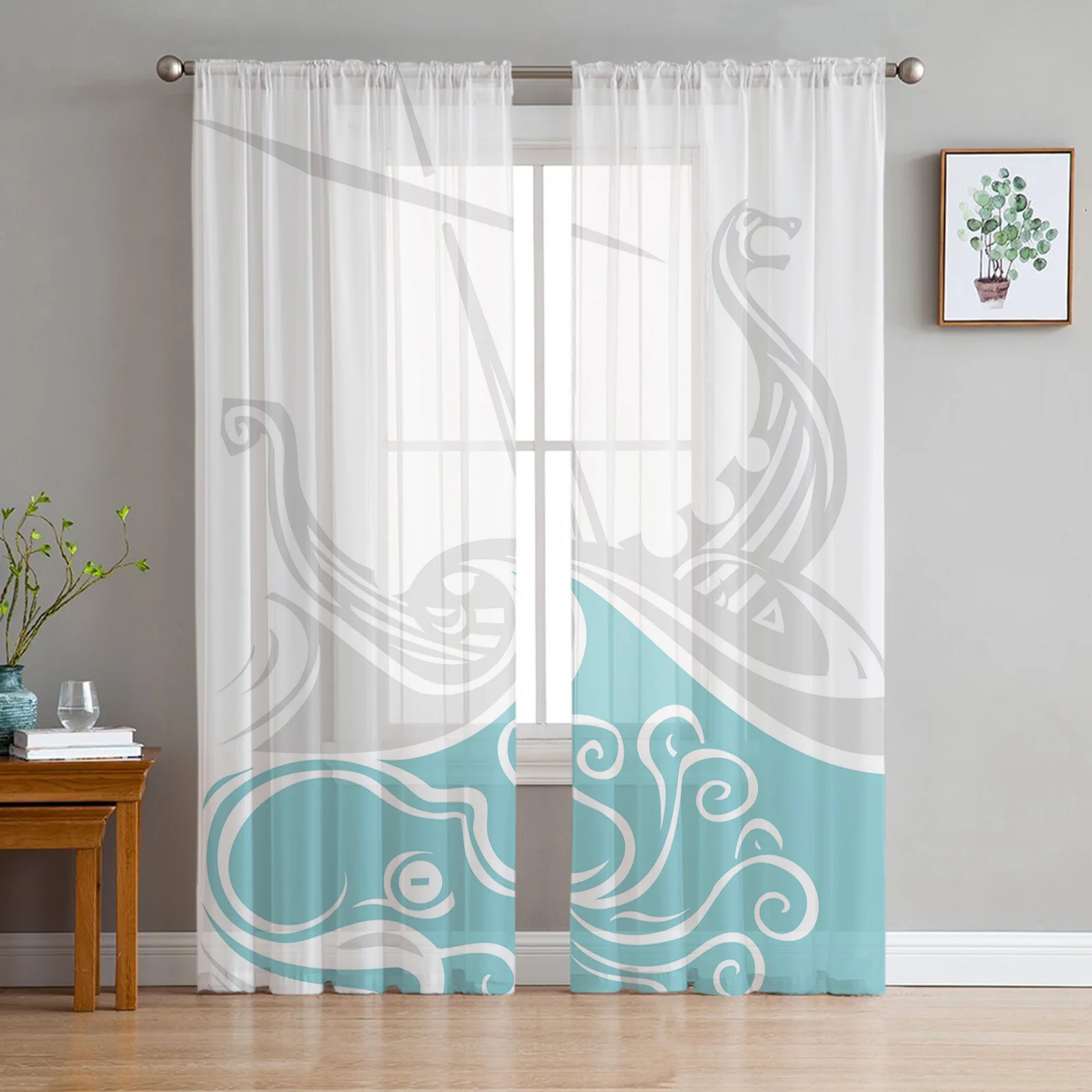 

Octopus Boat Blue Grey Vessel Living Room Tulle Curtains Bedroom Kitchen Decoration Voile Organza Curtains Modern Sheer Curtains