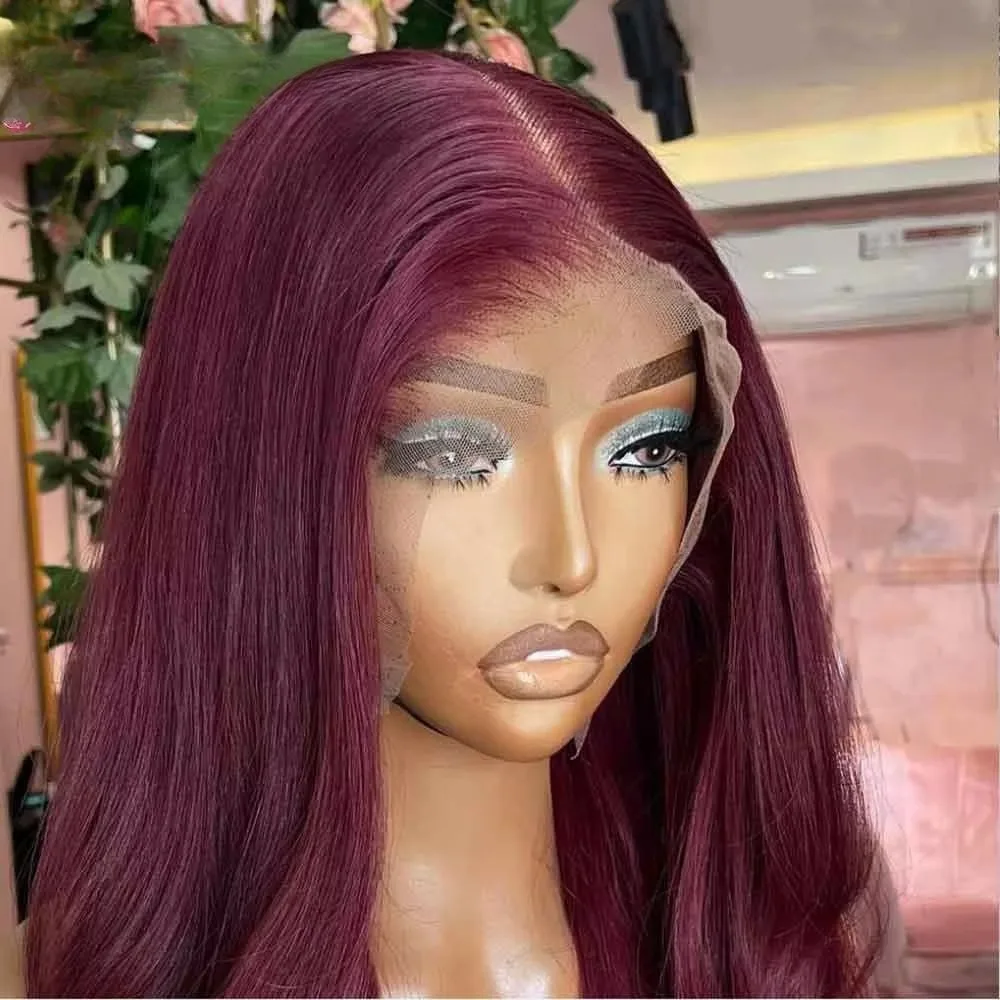 99J Red 13x4 Synthetic hd Lace Front Wig Burgundy Straight Preplucked High Quality Lace Wig Party Cosplay Use Natural Looking
