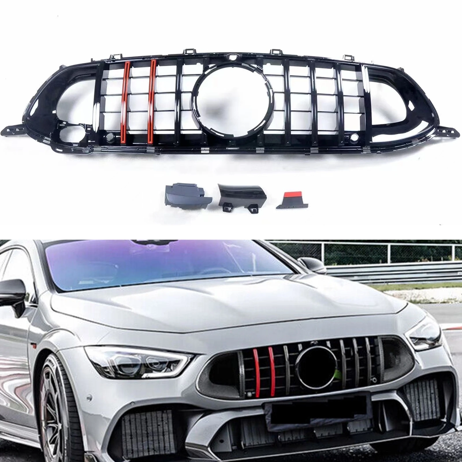 Front Grille Racing Grills For Mercedes Benz W290 AMG GTS 4 Door 2018-up 43 53 63S Black-Red Car Upper Bumper Hood Mesh Grid Kit