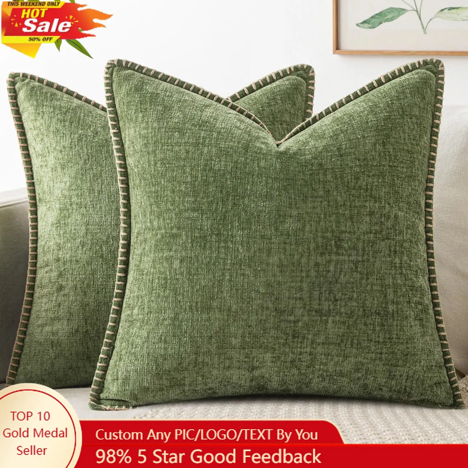 

MIULEE Pack of 2 Fall Couch Throw Pillow Covers 18x18 Inch Sage Green Farmhouse Decorative Pillow Covers with Stitched Edge Soft