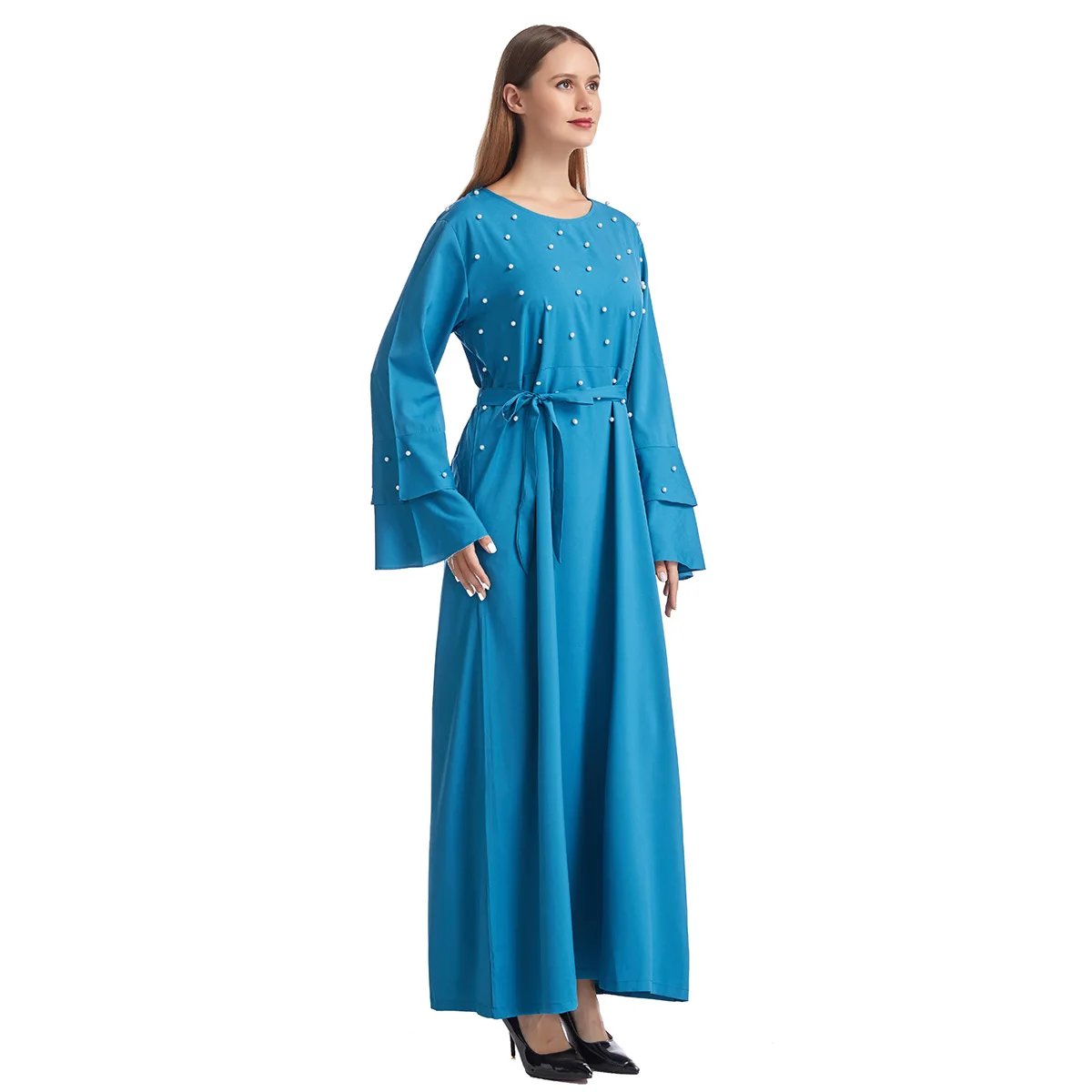 Women Eid Muslim Abaya Arab Flare Sleeve Morocco Ramadan Pearls Dubai O Neck Casual Solid Color Abayas Kaftan Belt Long Robe