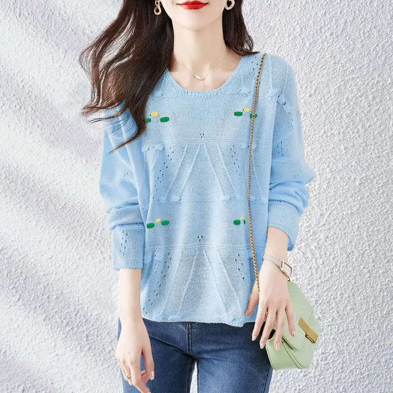 Women\'s Clothing Pullover Long Sleeve Sweater Knitted Casual Fashion Hollow Out Round Neck Hole Spring Autumn Flattering Tops