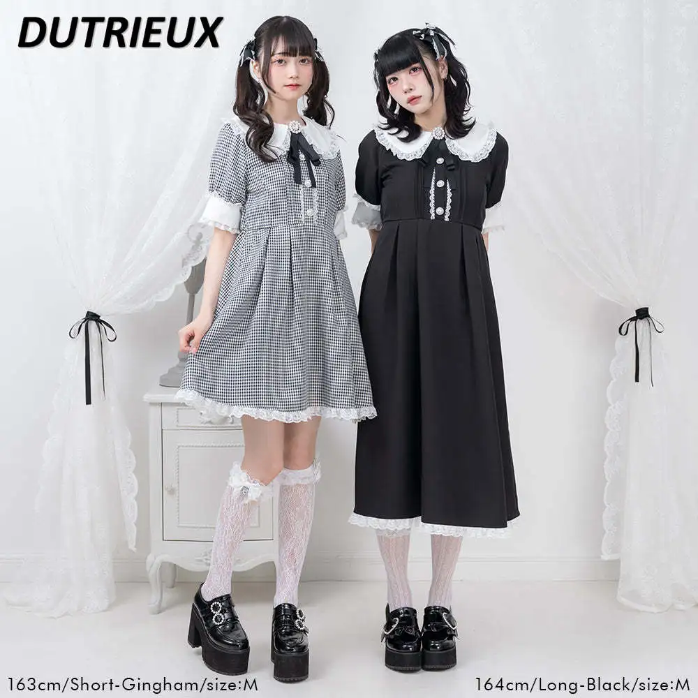 Summer New Sweet Doll Collar Short Sleeve Japanese Dress Heavy Industry Pleated Lace Edge Stitching Drill Buckle Bow Dresses