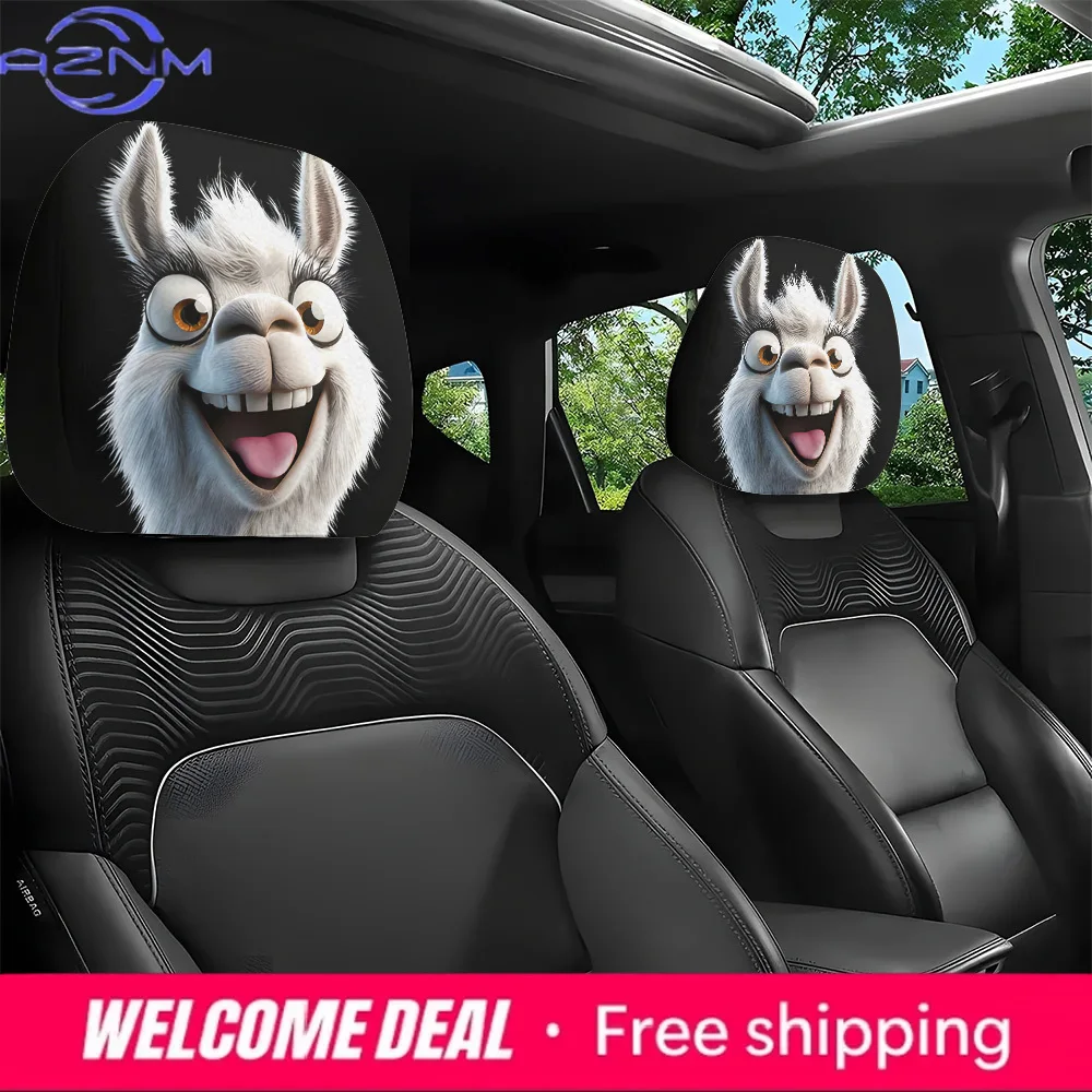 2pcs, Quirky Smiley Face Alpaca Print Car Headrest Covers, Unique Interior Decoration for Vehicles, Easy to Install And Wash