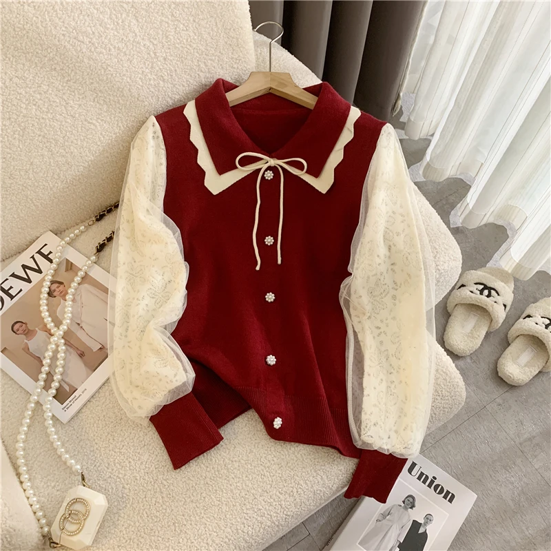 High-grade button bottoming shirt retro knitted sweater women fashion doll collar long-sleeved patchwork female bow pullover