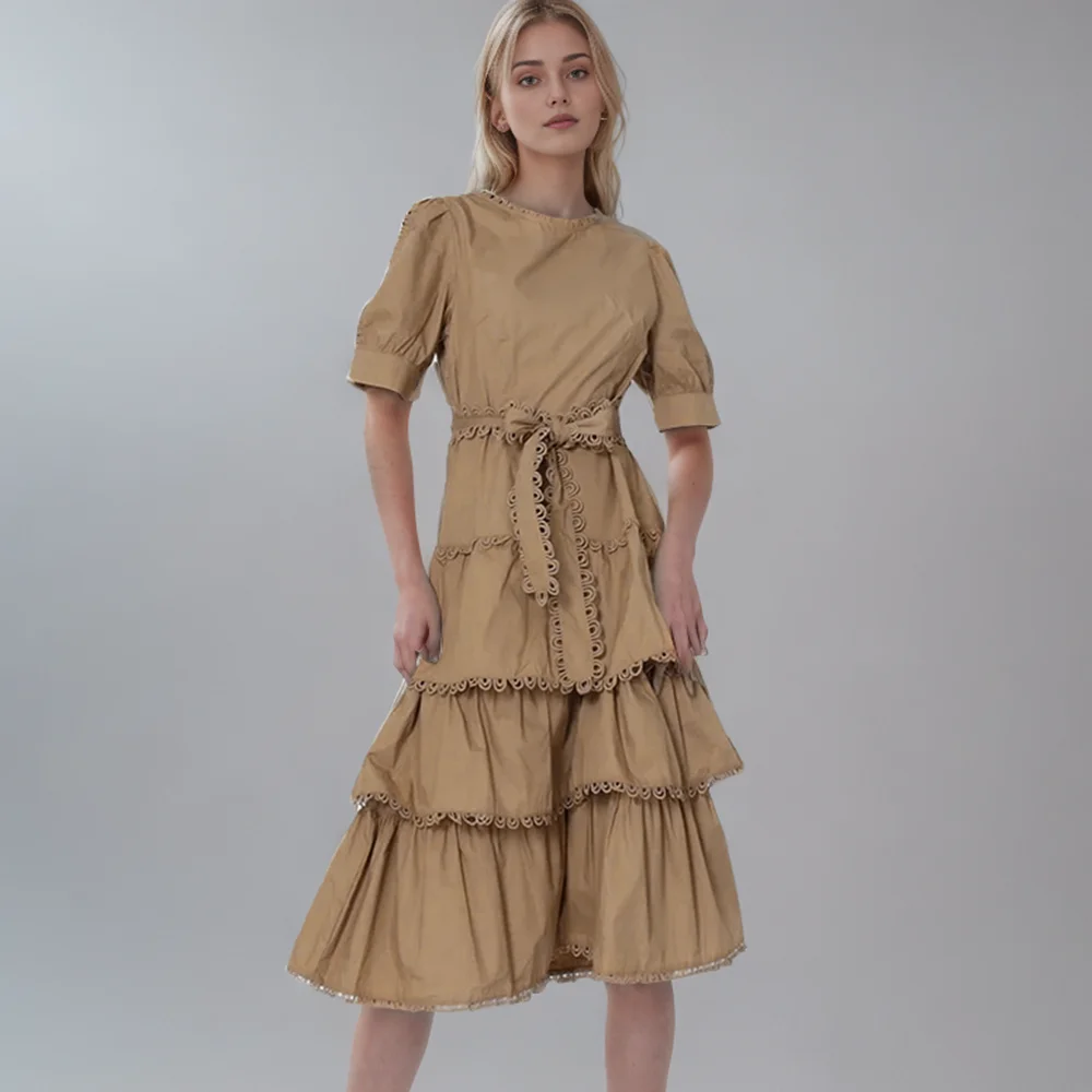 

Vintage Solid Midi Dress For Women Round Neck Short Sleeve High Waist Patchwork Ruffle Dresses Female Clothing Summer