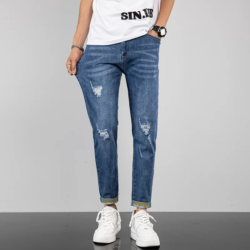 Calça de vaqueiro masculina rasgada, calça jeans cônico, moda coreana, bainha, tendência primavera-verão, 2022