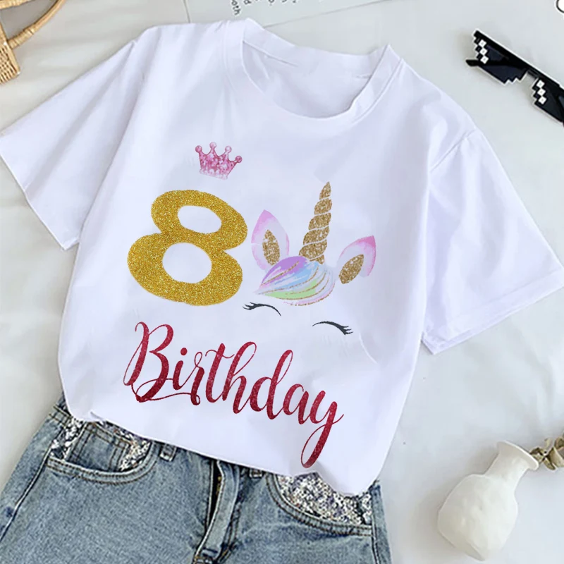 Cartoon Birthday Numbers Unicorn 1 2 3 4 5 6 7 8 9 Age Baby Boys Clothes Summer T-shirt Fashion 2022 Kids Clothes Girls Tees Top