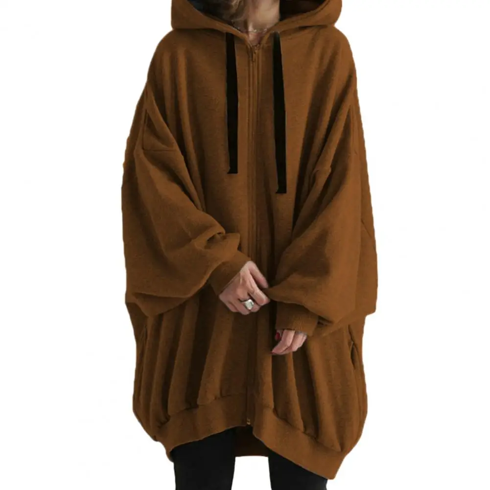 Women Autumn Hooded Drawstring Sweatshirt Coat Long Sleeve Pockets Zipper Placket Mid-length Solid Color Hoodie Outwear