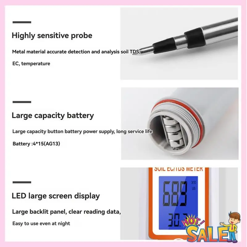 A88X 3 In1 Soil EC TDS Meter Soil Detector Digital Soil Temperature Tester Soil Monitor Temperature Tester Conductivity Tester