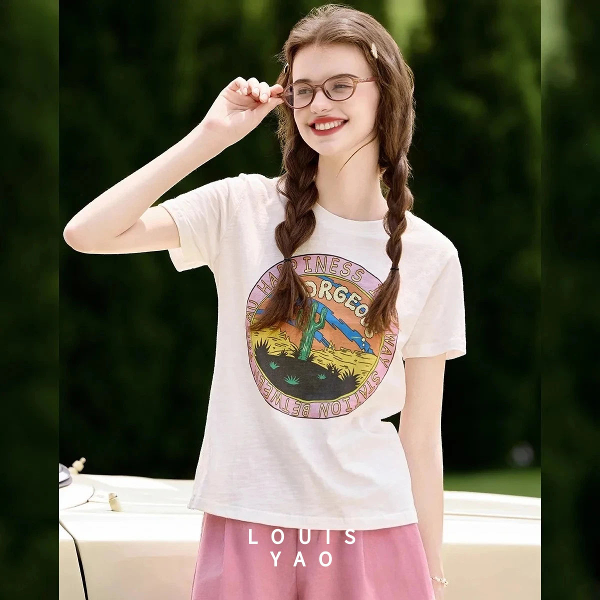 

LOUISYAO Cotton Casual Short Sleeve T-shirt 2025 Summer Tops Contrasting Colours Letters Pattern Women's Tees Pullover