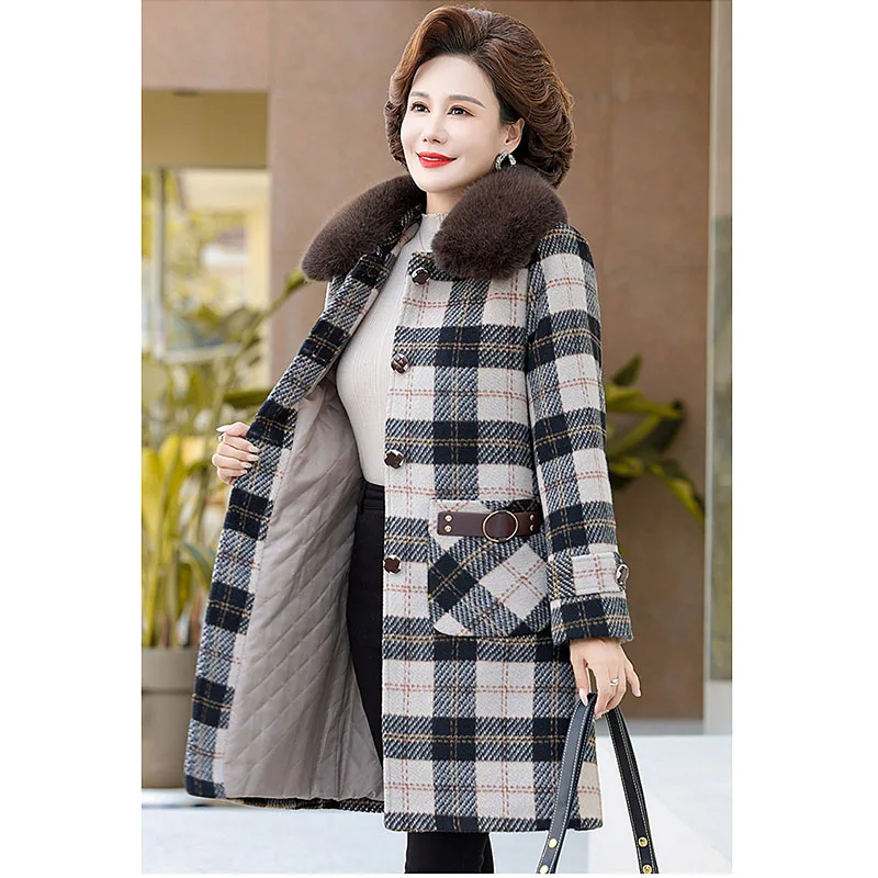 Mother's Winter Plaid Woolen jacket With Fur Collar Mid-Length Middle-Aged Elderly Women's Noble Plus Cotton Thick Woolen Coat