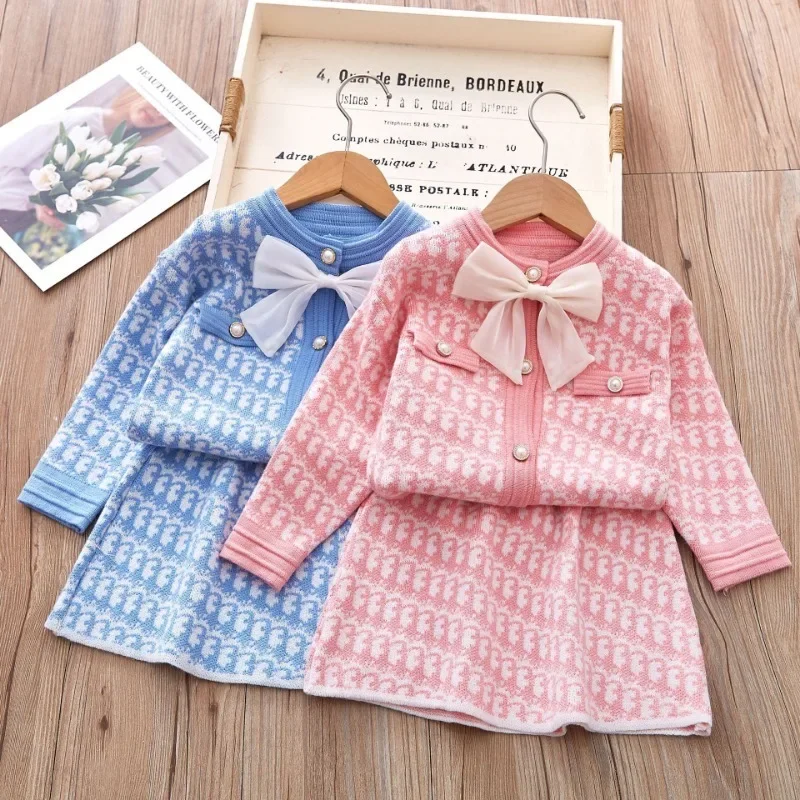 Girls Knitted Clothes Sets 2023  Autumn Winter Sweaters Tops+Skirt Girls Outfits Set Children Clothing Suits Baby Girl Clothes