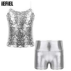 Kids Girls Shiny Sequins Dance Outfit Jazz Hip Hop Costume Camis Tank Crop Top+Metallic Shorts for Gymnastics Stage Performance