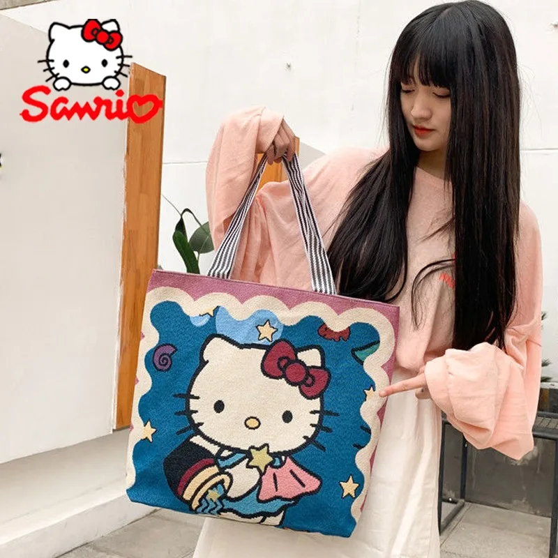 

Sanrio Hello Kitty Tote Bag Cartoon Cute Woman Fashion Embroider Large Capacity Canvas Shopping Bags Casual Travel Totebag Gifts