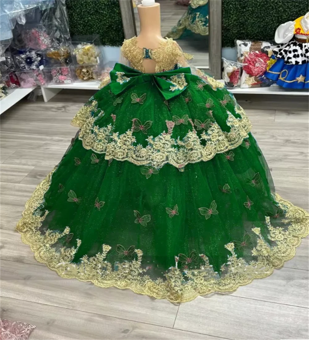 Emerald Green Flower Girls Dress WithGold decal Trailing Butterfly Ball Gown For Birthday Party Beauty Pageant Gown