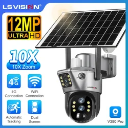 LS VISION 12MP 10X Zoom 4G/WiFi Dual Screen Solar PTZ Camera Outdoor 6K Three Lens Security Protection Auto Tracking CCTV Camera