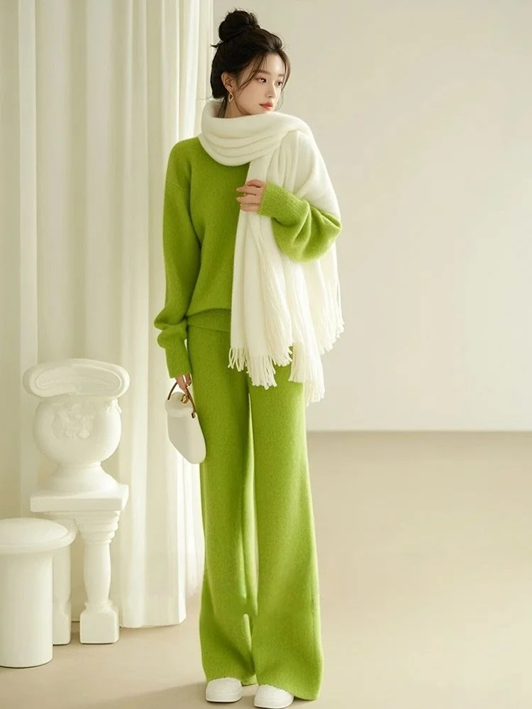 

Winter Thickened Women's Outfit Set Korean Style Lazy Green Sweater Pants Two-Piece Set Inner Wear Casual plus Size Clothes
