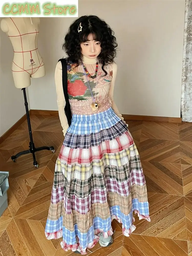 Kobiety Wielokolorowa siatka Łączenie A-line Letnia cienka spódnica Młoda dziewczyna Vintage Kobiece luźne spódnice do kostek z wysoką talią