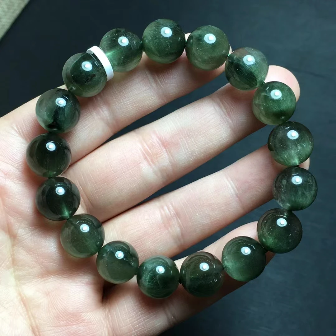 Natural Green Rutilated Quartz Clear Round Beads Bracelet 12mm Cat Eye Women Men Cat Eye Wealthy Stone Fashion beads AAAAAA