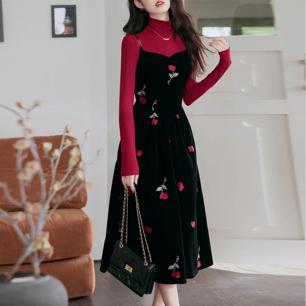 

Fall Women Dress Sets Casual Bottoming Shirt Tops +Velvet Rose Embroidery Suspenders Dresses 2 Piece Sets Outfits Female