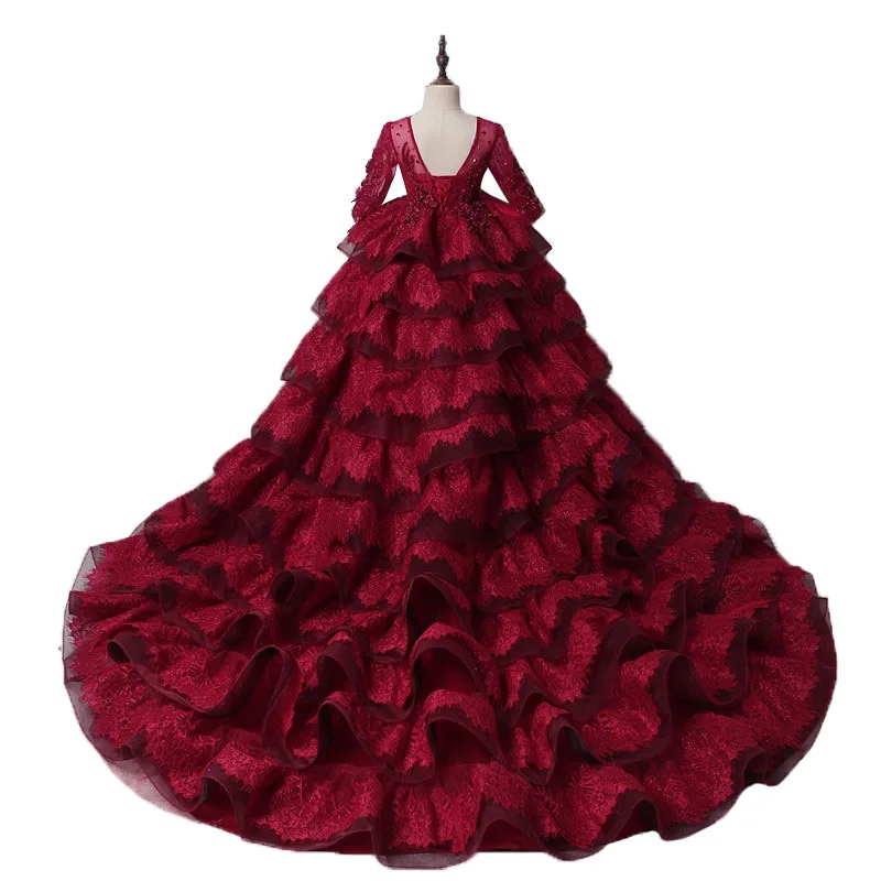 

Burgundy Flower Girl Dress for Wedding Toddlers Beaded Lace Long Sleeve Princess Pageant Dress Tiered Tulle Communion Party Gown