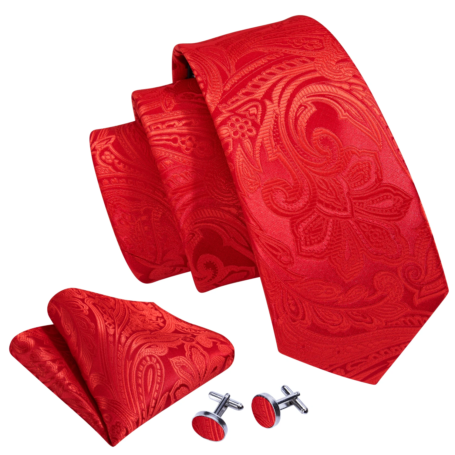 แฟชั่นผู้ชายผ้าไหม Tie ชุดสีแดง Burgundy Solid Paisley ลายลายสก๊อตเนคไทผ้าเช็ดหน้า Cufflinks งานแต่งงาน