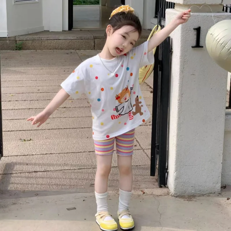 

Girls' new summer sweet cartoon outfit, printed thin short-sleeve shorts, casual and stylishTShirt
