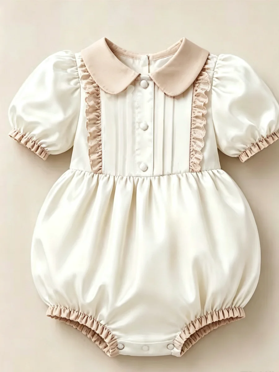 Baby Girls Romper Satin Peter Pan Collar Puff Short Sleeve Lace Ruffle Jumpsuit Newborn Infant Bodysuit Birthday Party Photograp