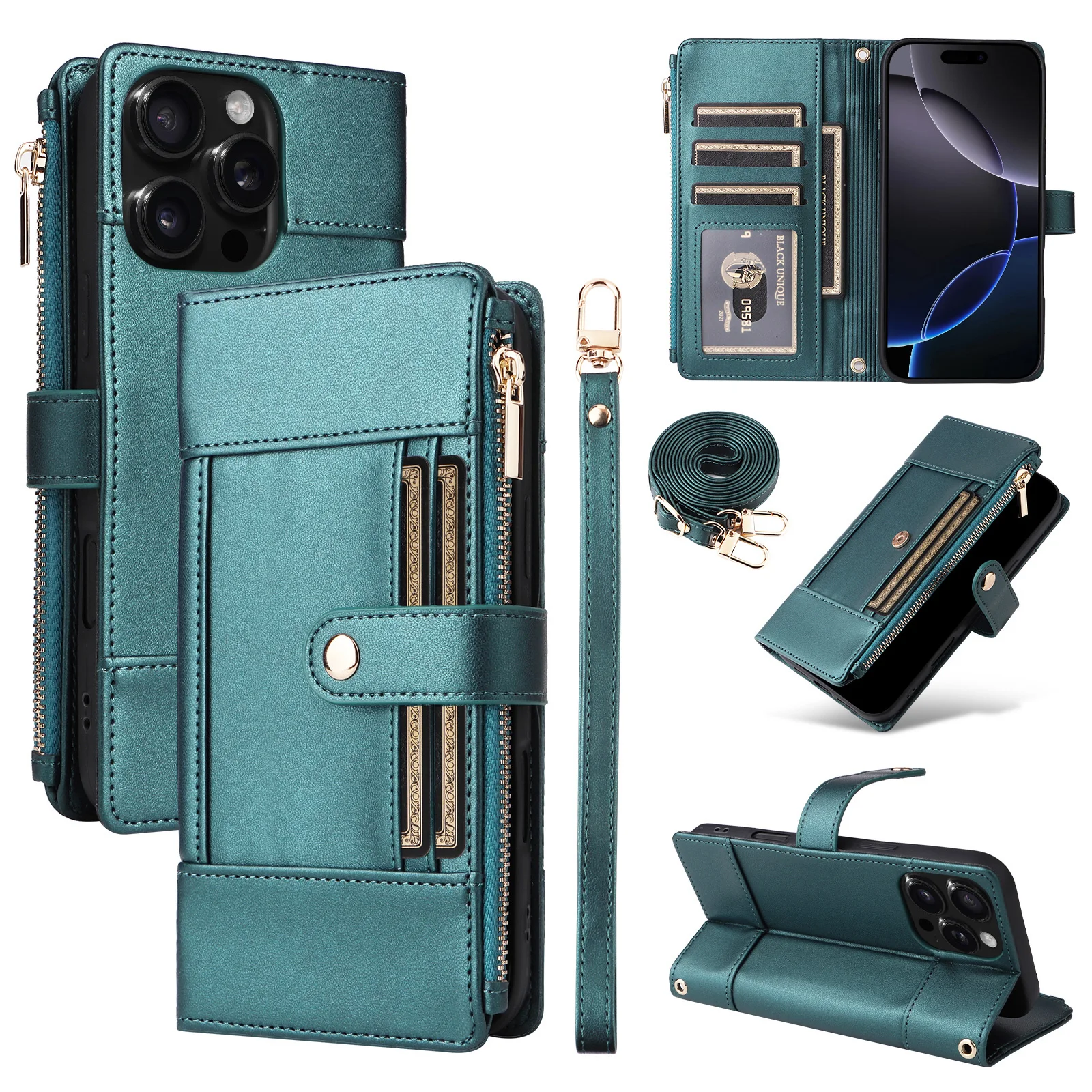 

Shoulder Strap Zip Leather Wallet Card Solt Case for iPhone 16 Pro Max 16E 15 Plus 14 13 12 11 Lanyard Flip Purse Holder Cover