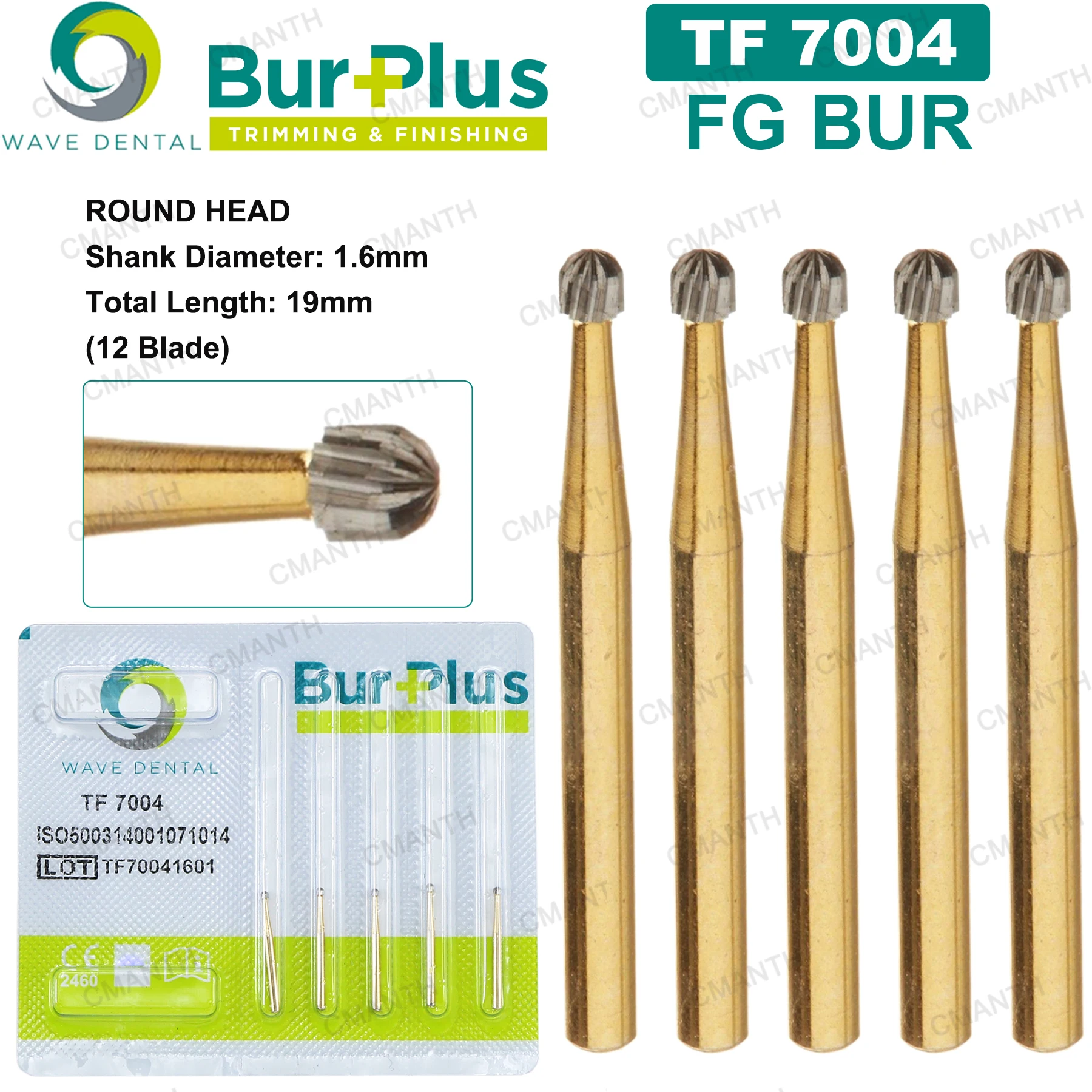 WAVE Dental Burs Tungsten Carbide Burs Trimming&Finishing Gold Plated Drill FG Dia1.6mm For High Speed Handpiece Dentistry Tool