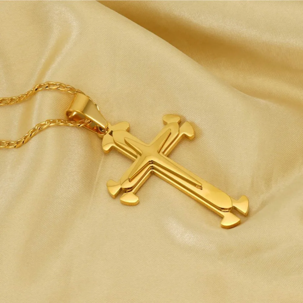 

Gold Cross Cross Necklaces Titanium Steel Double Ring Shape Men Necklace Streetwear Jewelry Cross Pendant Party Gift