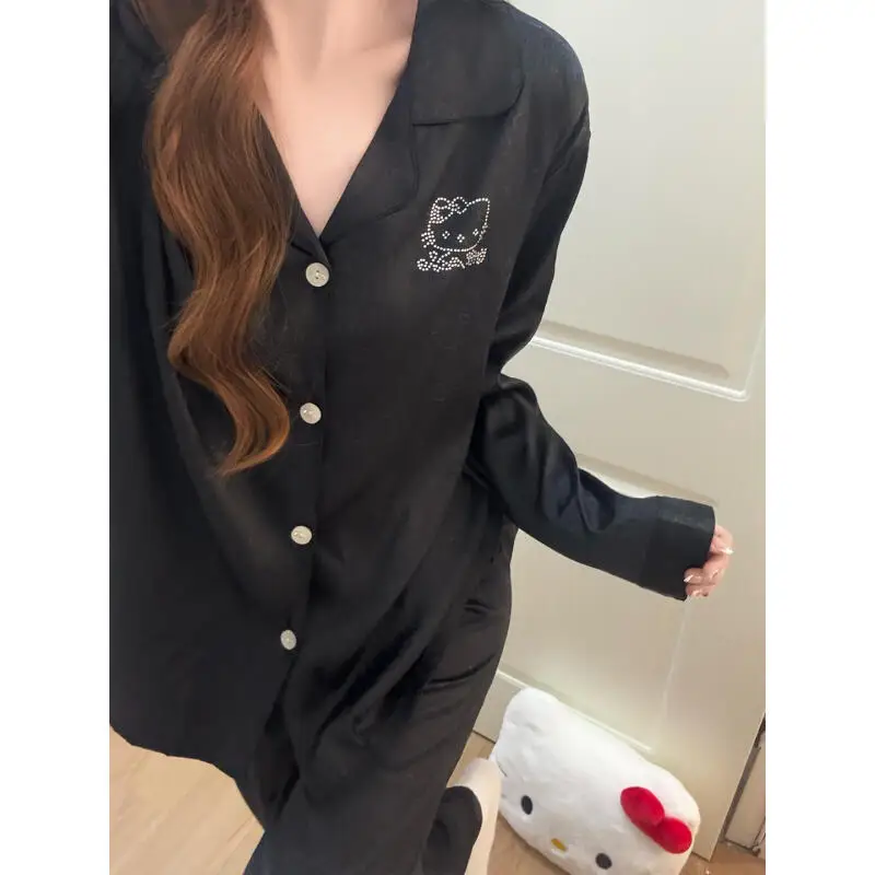 Hello Kitty2026 Spring New Ice Silk Black Pajamas Simulated Silk Long-Sleeved Trousers Cute Comfortable Home Clothes Cartoon Ins