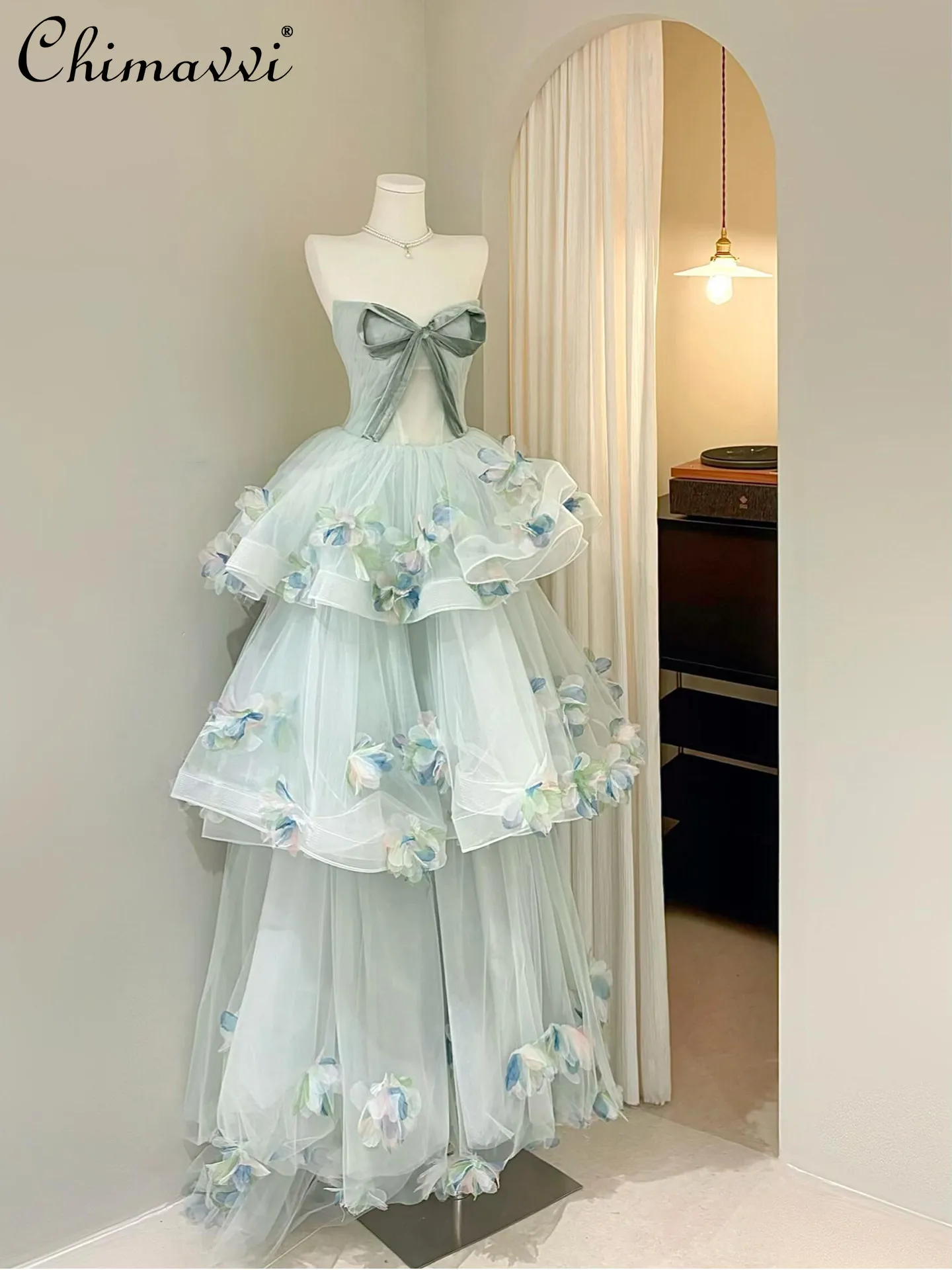 

French Style Elegant Princess Strapless Evening Dress 3D Flowers Bow High Waist Mesh Puffy Birthday Party Dress for Women 2026