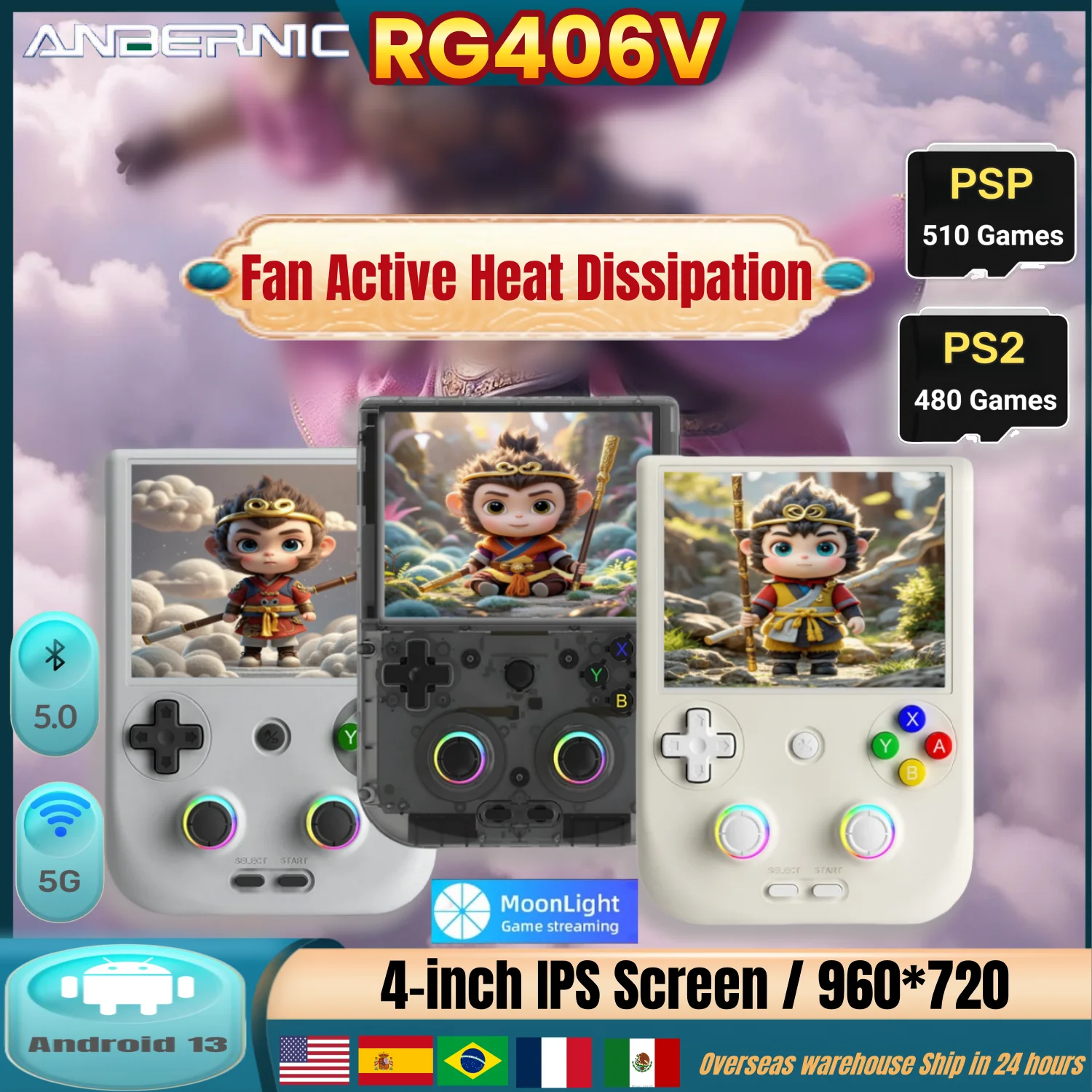 ANBERNIC RG406V Retro Handheld Game Video Player Console 4-inch IPS screen Android 13 Bluetooth WIFI 8G+128G 512G PSP PS2 Gift