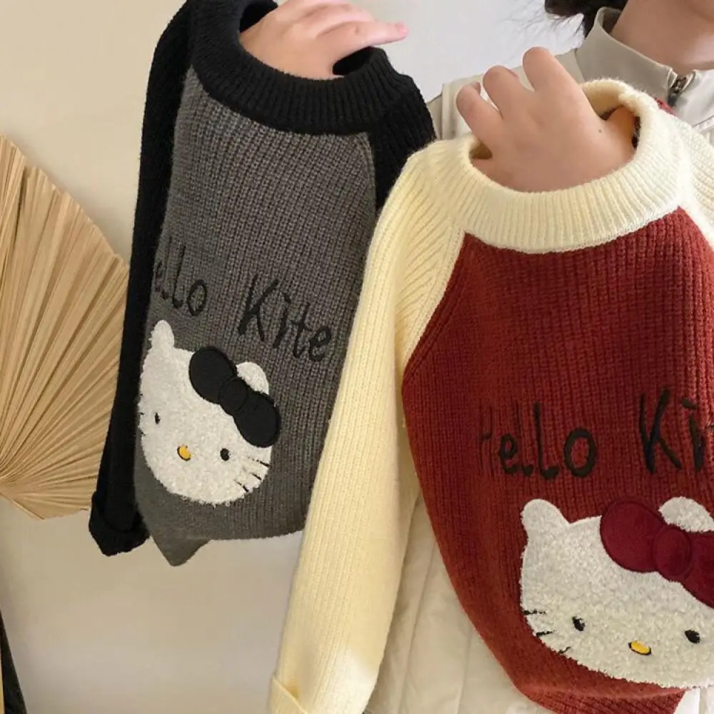 طقم شتوي للفتيات من سانريو هالو كيتي سترة محبوكة سميكة كورية جديدة وسراويل جلدية شتوية مخملية طقم مكون من قطعتين عصري رائع #5