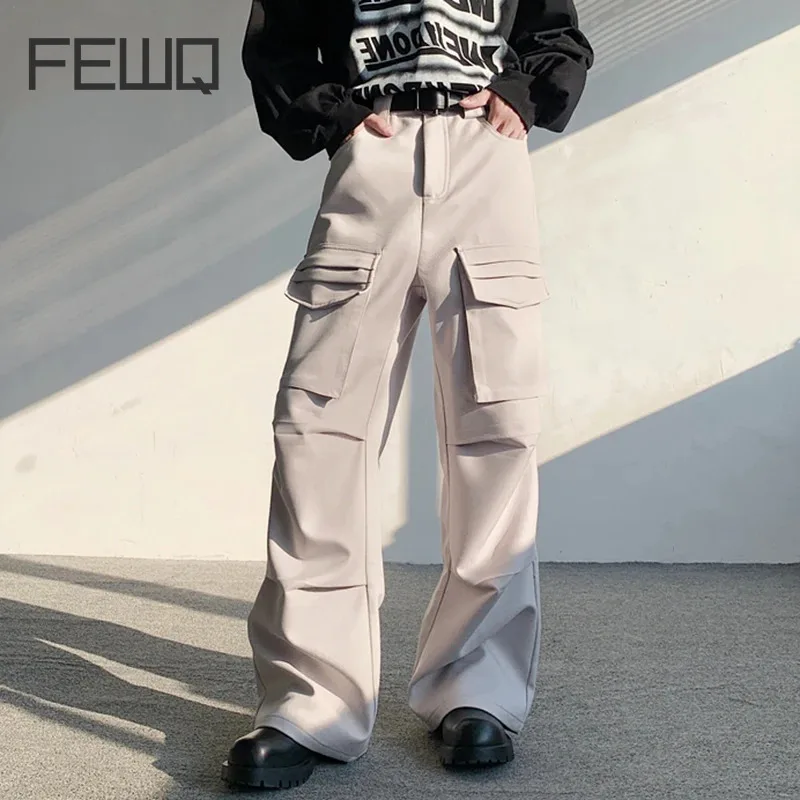 

FEWQ Men's Pants Minimalist Casual Pleated Big Pockets Solid Color Straight Trousers Wide Leg Loose Menwear Autumn New 9C6992